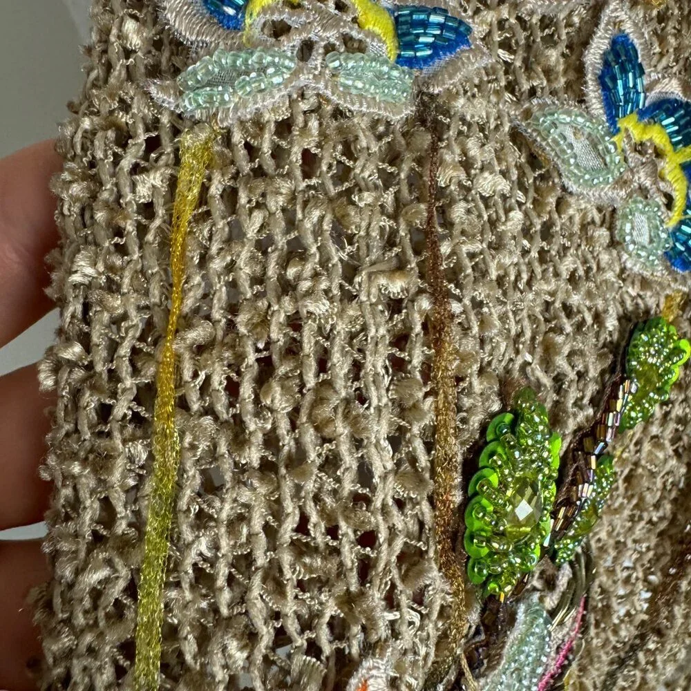 Vintage 90s Beaded Embroidery Art Long Scarf Fringe